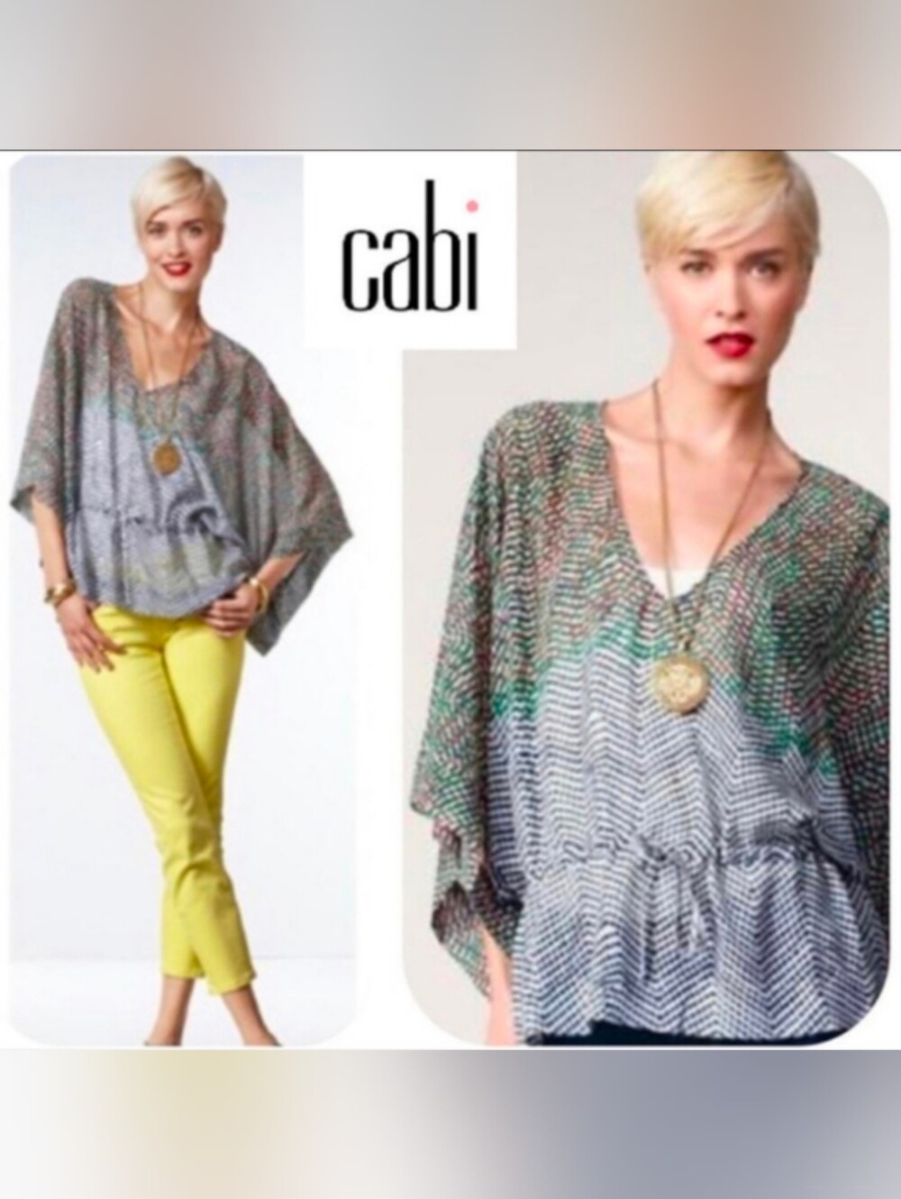NWT cabi Arts Tunic Boho Batwing Kimono Sleeve Flowy Chevron V-Neck Womens Top